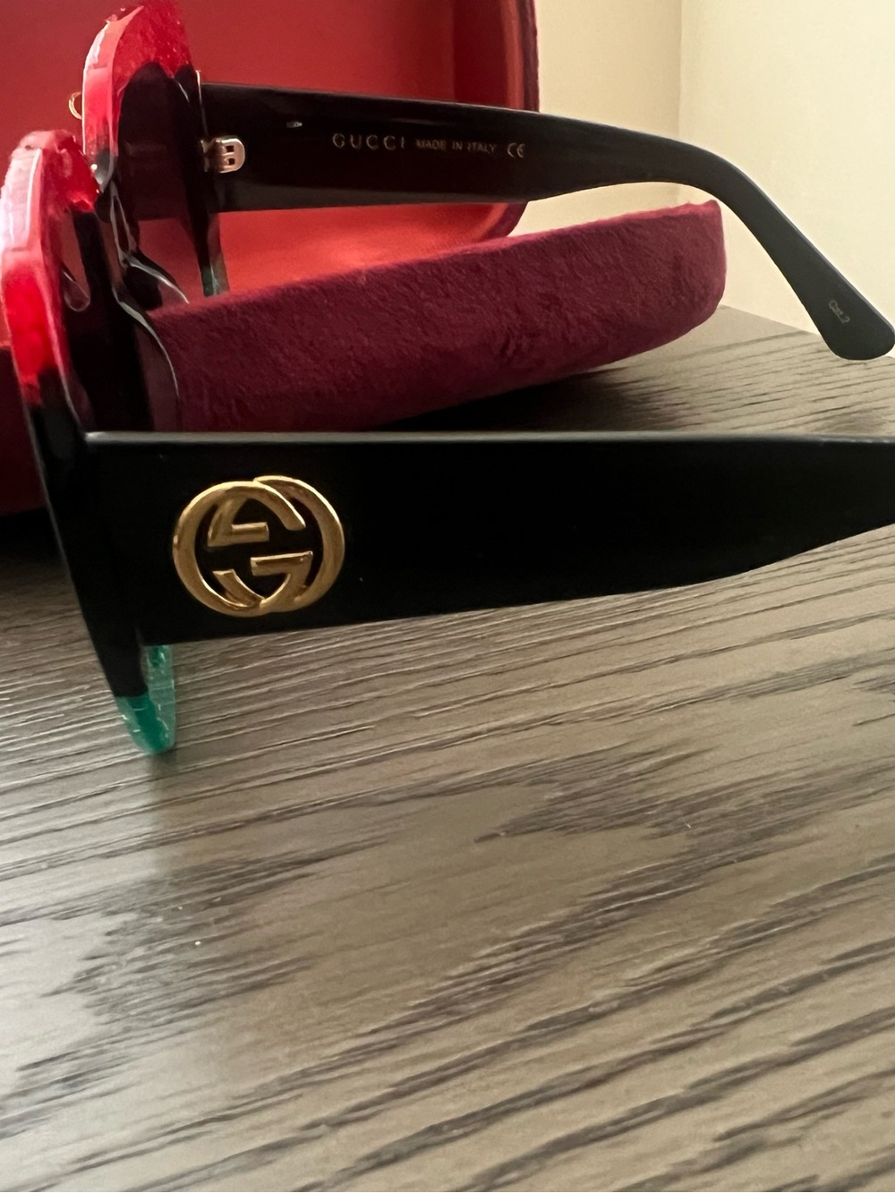 Gucci Black Sunglasses with Red and Green Accents